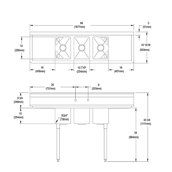 Elkay 3C10X14-2-16X Dependabilt Stainless Steel 66" x 19-13/16" x 43-3/4" 16 Gauge Three Compartment Sink w/ 16" Left and Right Drainboards and Stainless Steel Legs