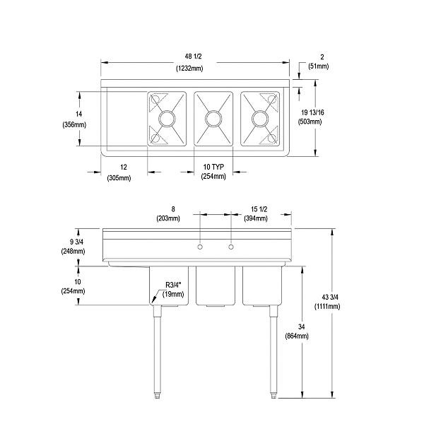 Elkay 3C10X14-L-12X Dependabilt Stainless Steel 48-1/2" x 19-13/16" x 43-3/4" 16 Gauge Three Compartment Sink w/ 12" Left Drainboard and Stainless Steel Legs