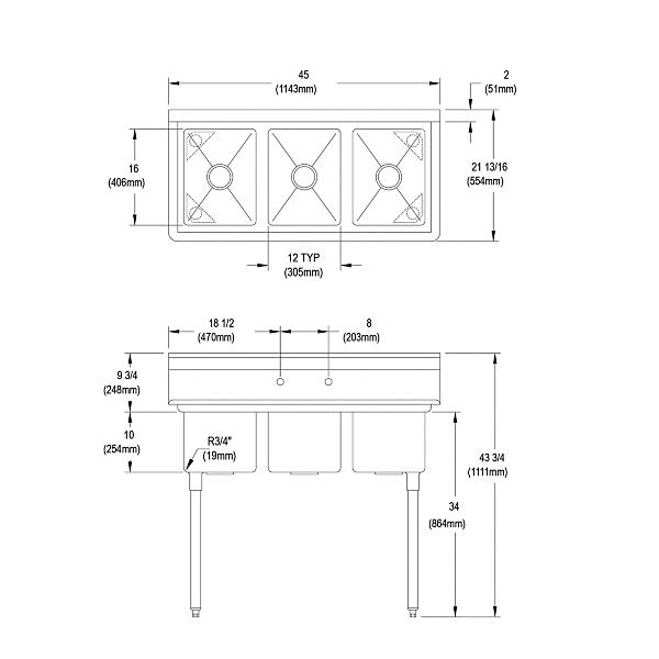 Elkay 3C12X16-0X Dependabilt Stainless Steel 45" x 21-13/16" x 43-3/4" 16 Gauge Three Compartment Sink with Stainless Steel Legs