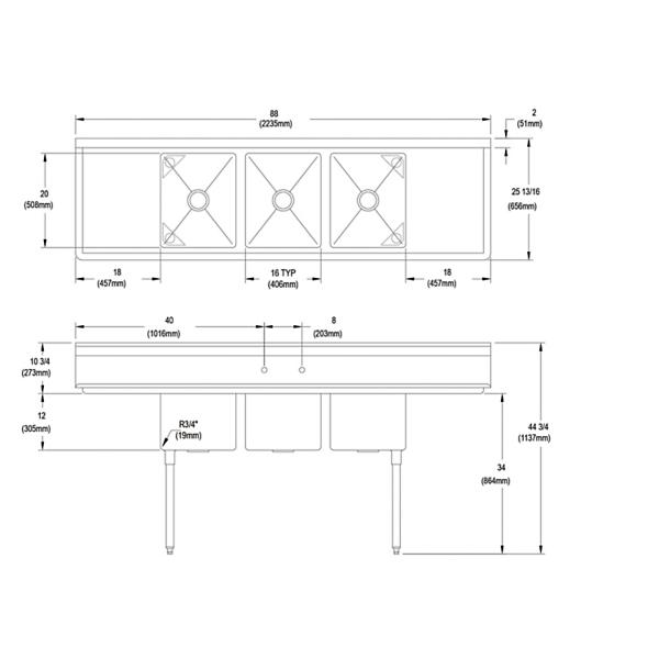 Elkay 3C16X20-2-18X Dependabilt Stainless Steel 88" x 25-13/16" x 44-3/4" 16 Gauge Three Compartment Sink w/ 18" Left and Right Drainboards and Stainless Steel Legs