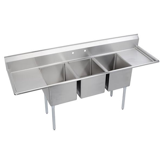 Elkay 3C18X24-2-18X Dependabilt Stainless Steel 94" x 29-13/16" x 44-3/4" 16 Gauge Three Compartment Sink w/ 18" Left and Right Drainboards and Stainless Steel Legs