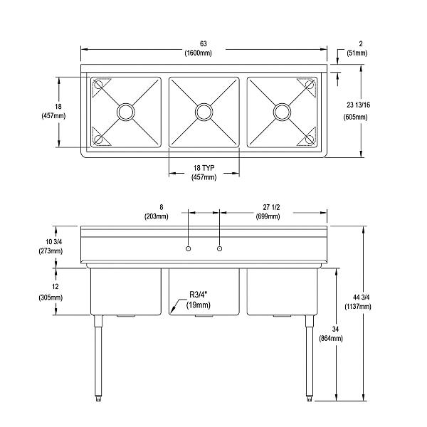 Elkay 3C18X18-0X Dependabilt Stainless Steel 63" x 23-13/16" x 44-3/4" 16 Gauge Three Compartment Sink with Stainless Steel Legs