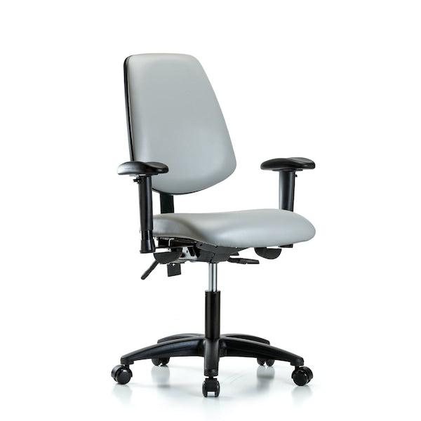 Blue Ridge Ergonomics VDHCH-MB-RG-T1-A1-RC-8567 Rutledge Vinyl Chair - Desk Height with Medium Back, Seat Tilt, Adjustable Arms, & Casters in Dove Trailblazer™ Vinyl
