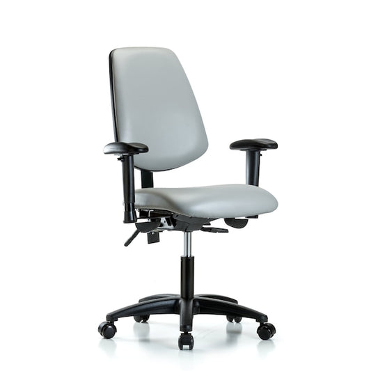Blue Ridge Ergonomics VDHCH-MB-RG-T1-A1-RC-8567 Rutledge Vinyl Chair - Desk Height with Medium Back, Seat Tilt, Adjustable Arms, & Casters in Dove Trailblazer™ Vinyl