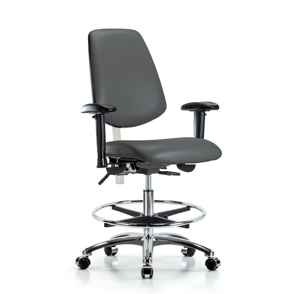 Blue Ridge Ergonomics VMBCH-MB-CR-T1-A1-CF-CC-8823 Rutledge Vinyl Chair Chrome - Medium Bench Height with Medium Back, Seat Tilt, Adjustable Arms, Chrome Foot Ring, & Casters in Carbon Supernova™ Vinyl