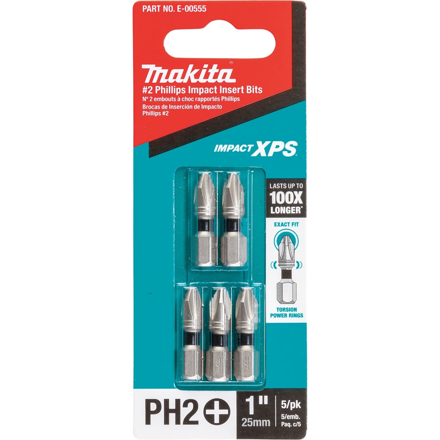 Makita E-00555 Impact XPS® #2 Phillips 1" Insert Bit, 5/pk