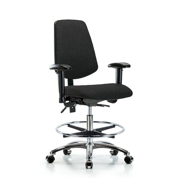 Blue Ridge Ergonomics FMBCH-MB-CR-T1-A1-CF-CC-F42 Rutledge Fabric Chair Chrome - Medium Bench Height with Medium Back, Seat Tilt, Adjustable Arms, Chrome Foot Ring, & Casters in Black Fabric