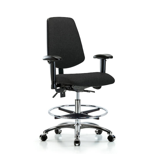 Blue Ridge Ergonomics FMBCH-MB-CR-T1-A1-CF-CC-F42 Rutledge Fabric Chair Chrome - Medium Bench Height with Medium Back, Seat Tilt, Adjustable Arms, Chrome Foot Ring, & Casters in Black Fabric