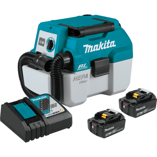 Makita XCV11T 18V LXT® Lithium‘Ion Brushless Cordless 2 Gallon HEPA Filter Portable Wet/Dry Dust Extractor/Vacuum Kit (5.0Ah)