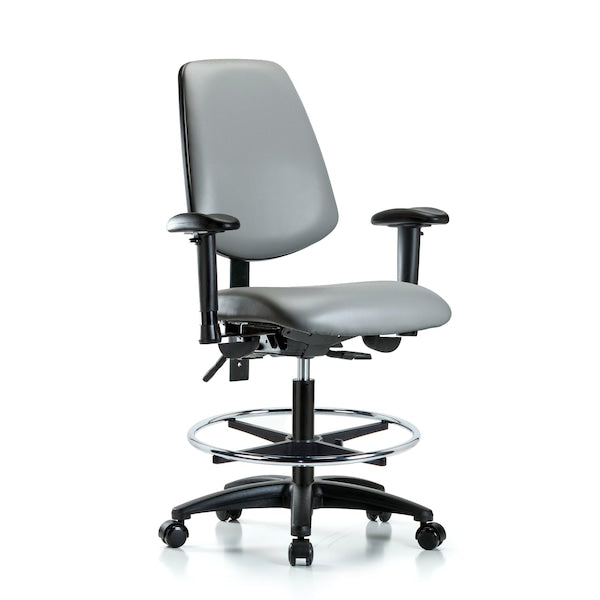 Blue Ridge Ergonomics VMBCH-MB-RG-T1-A1-CF-RC-8840 Rutledge Vinyl Chair - Medium Bench Height with Medium Back, Seat Tilt, Adjustable Arms, Chrome Foot Ring, & Casters in Sterling Supernova™ Vinyl