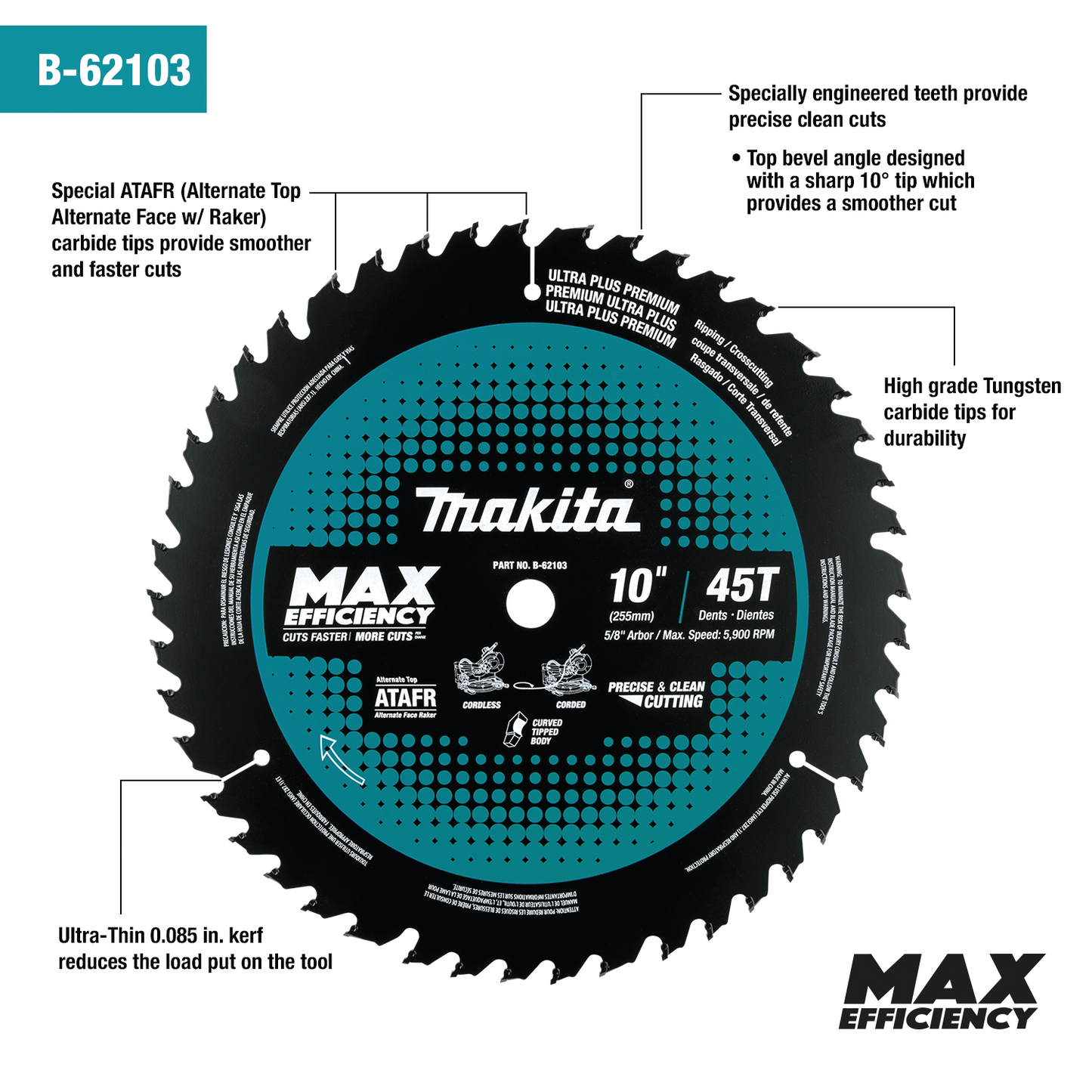 Makita B-62103 10" 45T Carbide‘Tipped Max Efficiency Miter Saw Blade