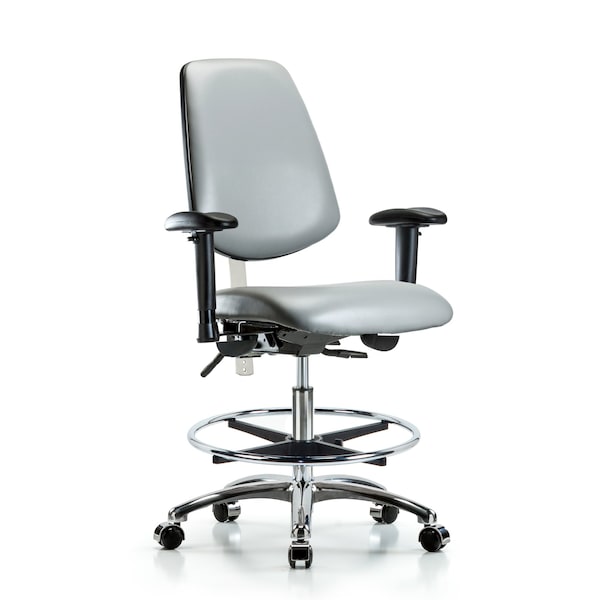 Blue Ridge Ergonomics NCR-VMBCH-MB-CR-T0-A1-CF-CC-8840 Class 100 Vinyl Clean Room Chair - Medium Bench Height with Medium Back, Adjustable Arms, Chrome Foot Ring, & Casters in Sterling Supernova™ Vinyl