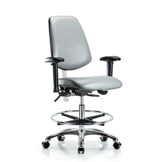 Blue Ridge Ergonomics NCR-VMBCH-MB-CR-T0-A1-CF-CC-8840 Class 100 Vinyl Clean Room Chair - Medium Bench Height with Medium Back, Adjustable Arms, Chrome Foot Ring, & Casters in Sterling Supernova™ Vinyl