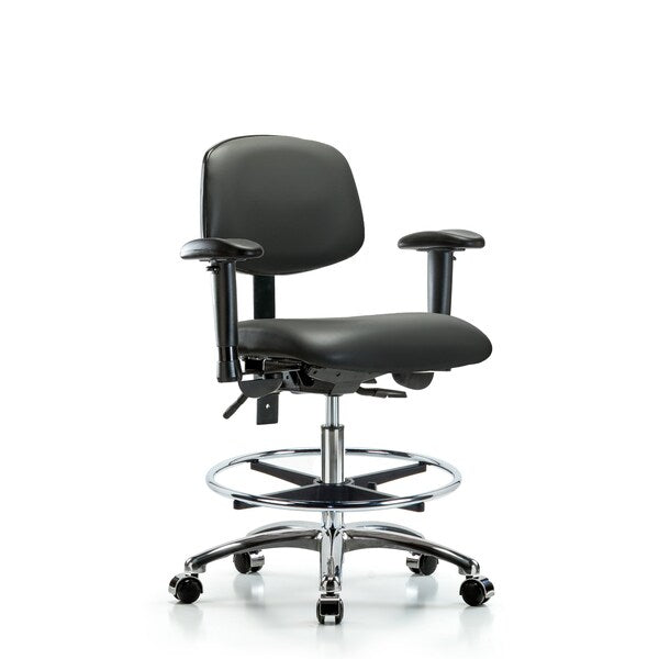Blue Ridge Ergonomics VMBCH-CR-T0-A1-CF-CC-8823 Rutledge Vinyl Chair Chrome - Medium Bench Height with Adjustable Arms, Chrome Foot Ring, & Casters in Carbon Supernova™ Vinyl