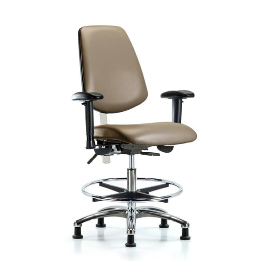 Blue Ridge Ergonomics NCR-VMBCH-MB-CR-T1-A1-CF-RG-8809 CL100 Vinyl Clean Room Chair - Medium Bench Height with Medium Back, Seat Tilt, Adjustable Arms, Chrome Foot Ring, & Stationary Glides in Taupe Supernova™ Vinyl