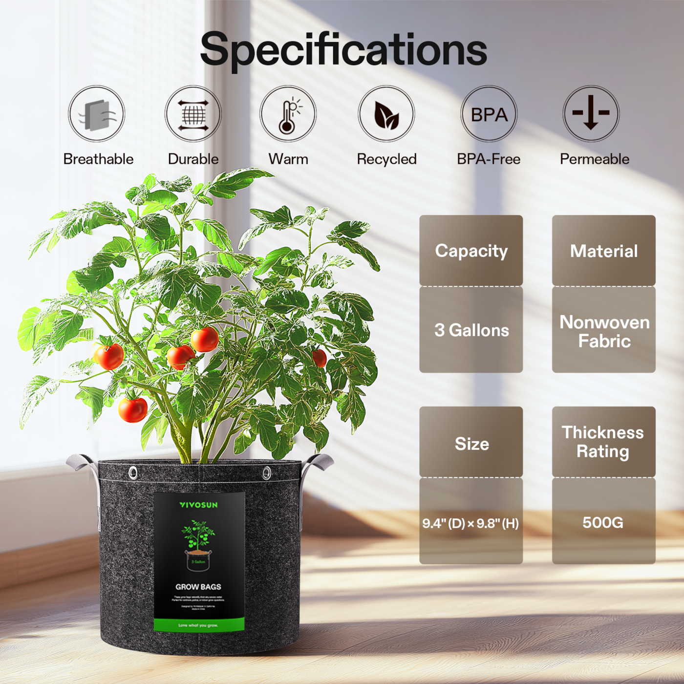 Vivosun 3 Gallon Grow Bags 5-Pack Black Thickened Nonwoven Fabric Pots with Handles, Multi-Purpose Rings
