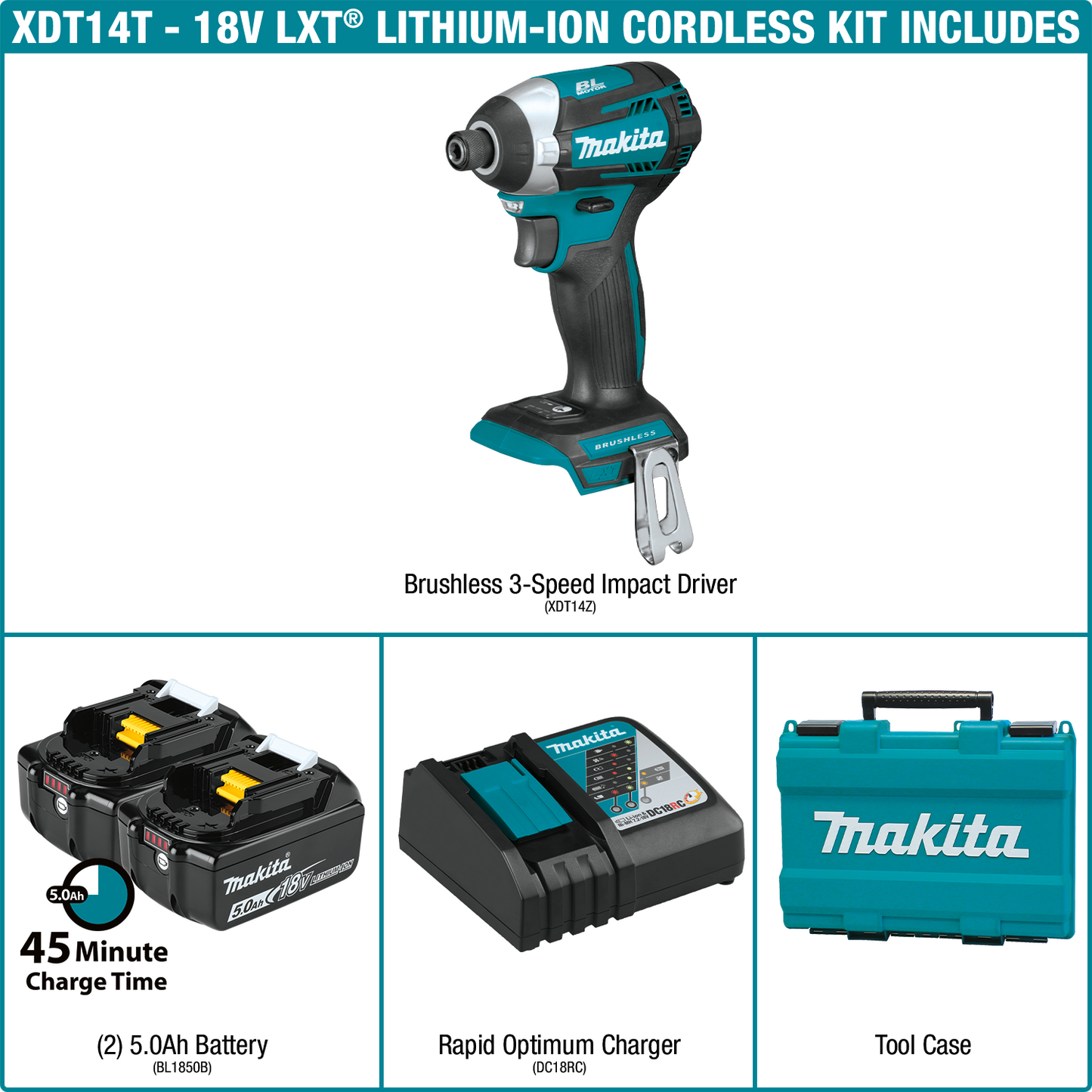 Makita XDT14T 18V LXT® Lithium‘Ion Brushless Cordless Quick‘Shift Mode, 3‘Speed Impact Driver Kit (5.0Ah)