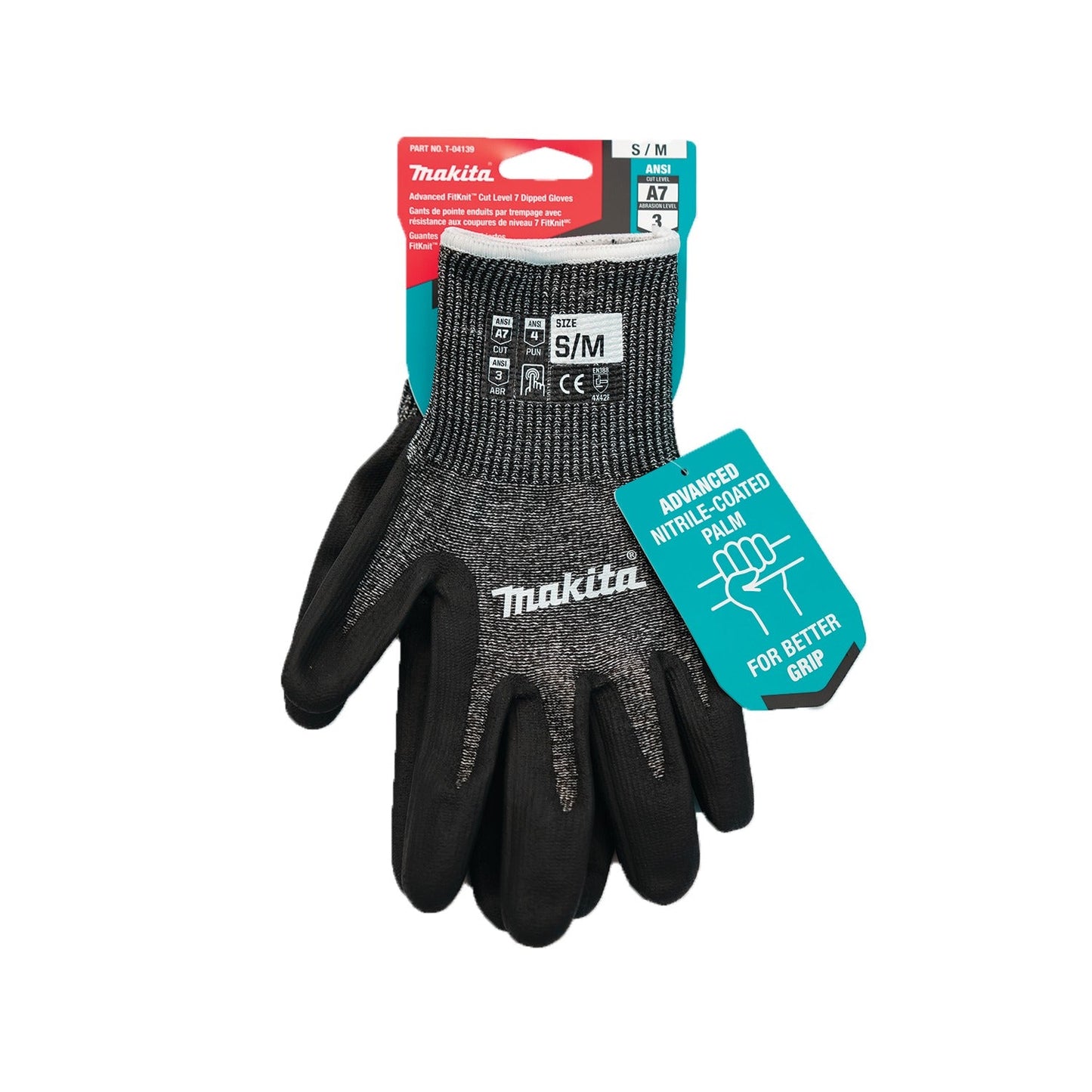 Makita T-04139 Advanced FitKnit, Cut Level 7 Nitrile Coated Dipped Gloves (Small/Medium)