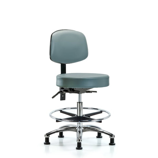 Blue Ridge Ergonomics VMBST-CR-T1-CF-RG-8822 Rutledge Vinyl Stool with Back Chrome - Medium Bench Height with Seat Tilt, Chrome Foot Ring, & Stationary Glides in Storm Supernova™ Vinyl