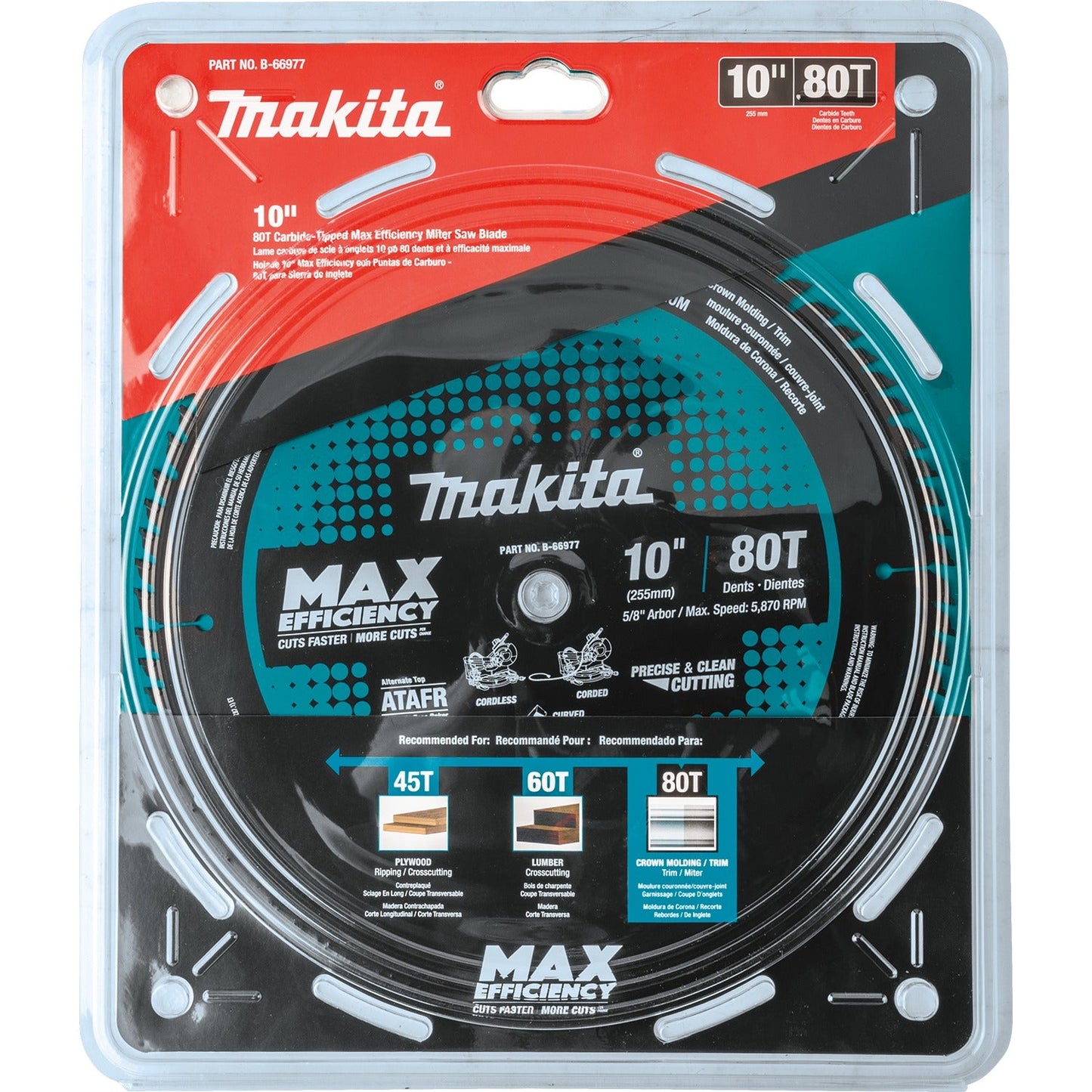 Makita B-66977 10" 80T Carbide‘Tipped Max Efficiency Miter Saw Blade