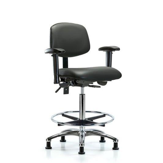 Blue Ridge Ergonomics VHBCH-RG-T1-A1-CF-RC-8823 Rutledge Vinyl Chair - High Bench Height with Seat Tilt, Adjustable Arms, Chrome Foot Ring, & Casters in Carbon Supernova™ Vinyl