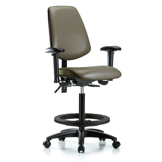 Blue Ridge Ergonomics VMBCH-MB-RG-T1-A1-CF-RC-8809 Rutledge Vinyl Chair - Medium Bench Height with Medium Back, Seat Tilt, Adjustable Arms, Chrome Foot Ring, & Casters in Taupe Supernova™ Vinyl