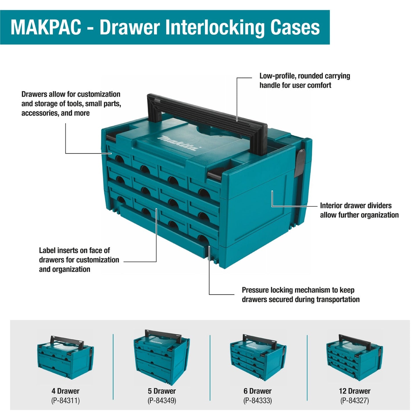 Makita P-84311 MAKPAC 4 Drawer Interlocking Case, 8‘1/2" x 15‘1/2" x 11‘5/8"