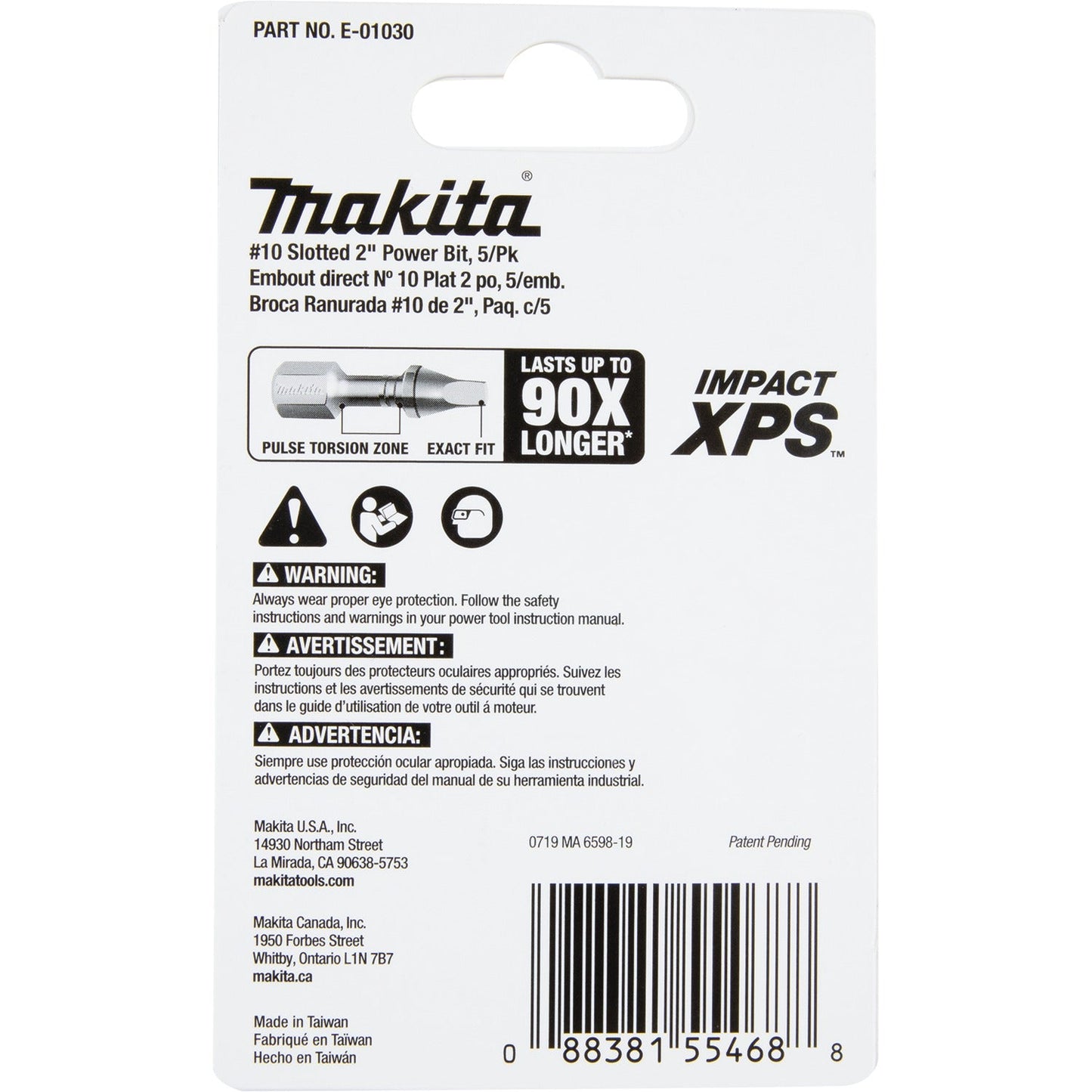 Makita E-01030 Impact XPS® #10 Slotted 2" Power Bit, 5/pk