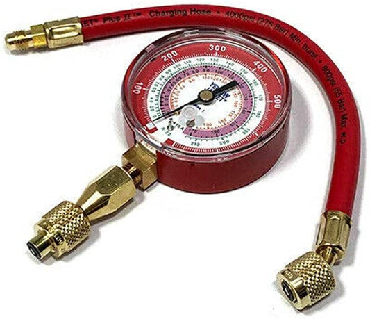 Yellow Jacket 40344 Red pressure Â°F; 0 800 psi; R-22/404A/410A; Single Test Gauge with quick coupler and hose