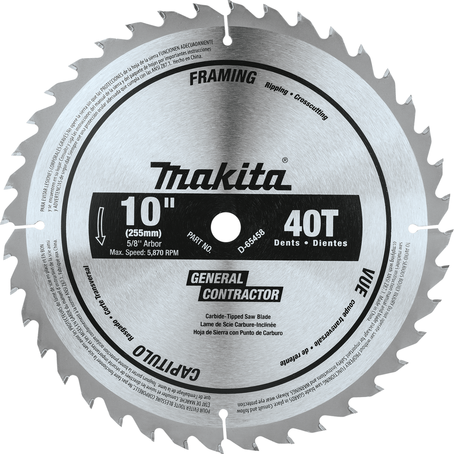 Makita D-65458 10" 40T Polished Miter Saw Blade, General Purpose