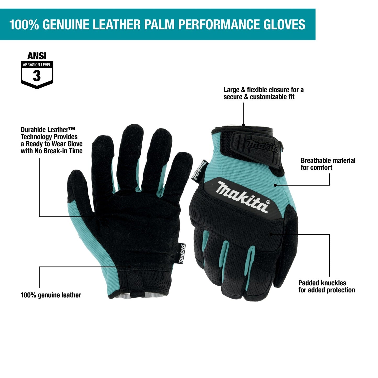 Makita T-04210 100% Genuine Leather‘Palm Performance Gloves (Medium)