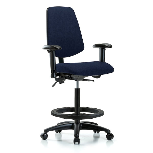 Blue Ridge Ergonomics FHBCH-MB-RG-T0-A1-BF-RC-F45 Rutledge Fabric Chair - High Bench Height with Medium Back, Adjustable Arms, Black Foot Ring, & Casters in Navy Fabric