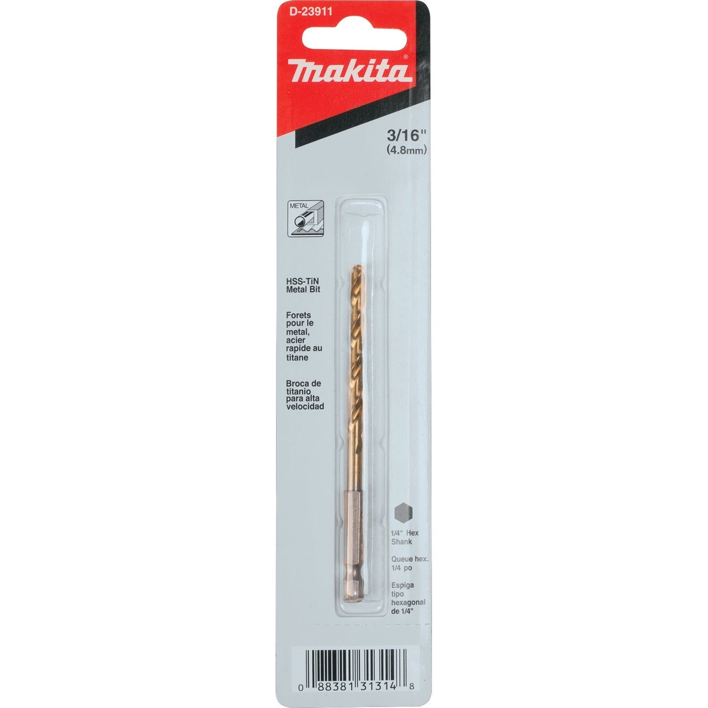 Makita D-23911 3/16" Titanium Coated Drill Bit, 1/4" Hex Shank