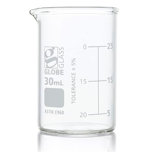 Globe Scientific 8010030 Beaker Globe Glass 30mL Low Form Griffin Style Dual Graduations ASTM E960 12/Box