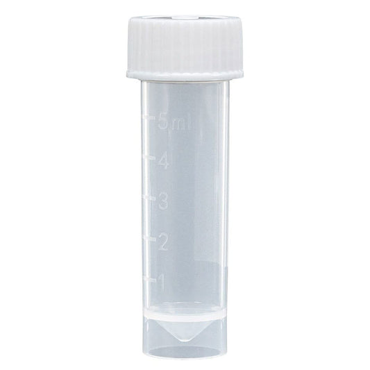Globe Scientific 6101S Transport Tube 5mL with Attached White Screw Cap STERILE PP Conical Bottom Self-Standing Molded Graduations 25/Bag
