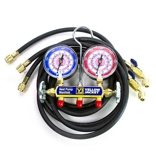 Yellow Jacket 42055 42052 with 60" black PLUS II 1/4" hoses with compact ball valves, R-410A/32, Â°F and Â°C