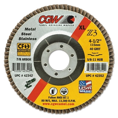 CGW ABRASIVES 42342 4-1/2X7/8 Z3-40 T27 Xl100% Za Flap Disc