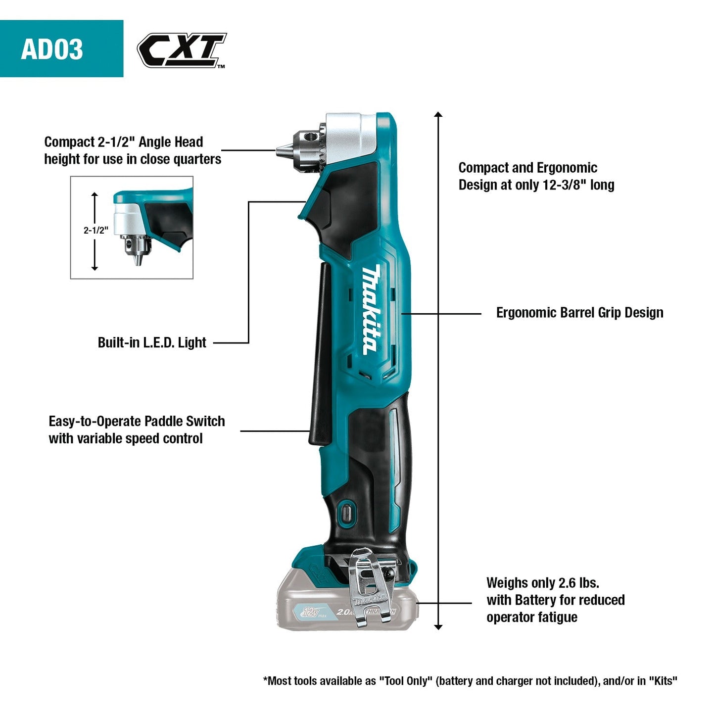 Makita AD03R1 12V max CXT® Lithium‘Ion Cordless 3/8" Right Angle Drill Kit (2.0Ah)