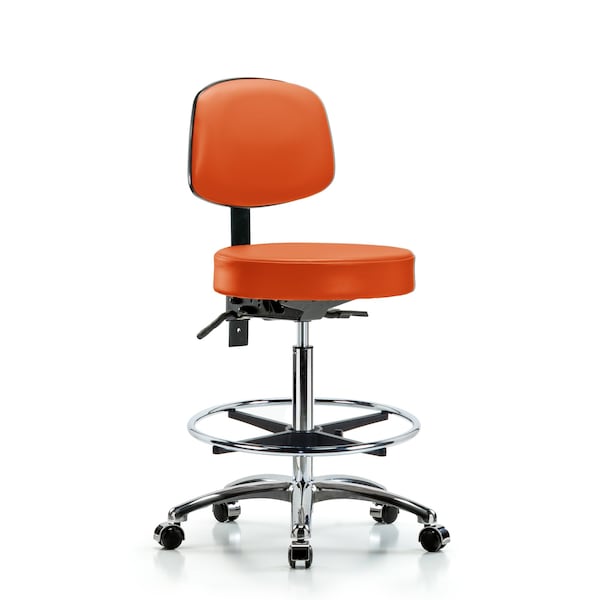 Blue Ridge Ergonomics VHBST-CR-T0-CF-CC-8613 Rutledge Vinyl Stool with Back Chrome - High Bench Height with Chrome Foot Ring & Casters in Orange Kist Trailblazer™ Vinyl