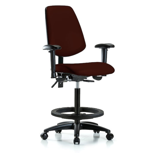 Blue Ridge Ergonomics VHBCH-MB-RG-T0-A1-BF-RC-8569 Rutledge Vinyl Chair - High Bench Height with Medium Back, Adjustable Arms, Black Foot Ring, & Casters in Burgundy Trailblazer™ Vinyl