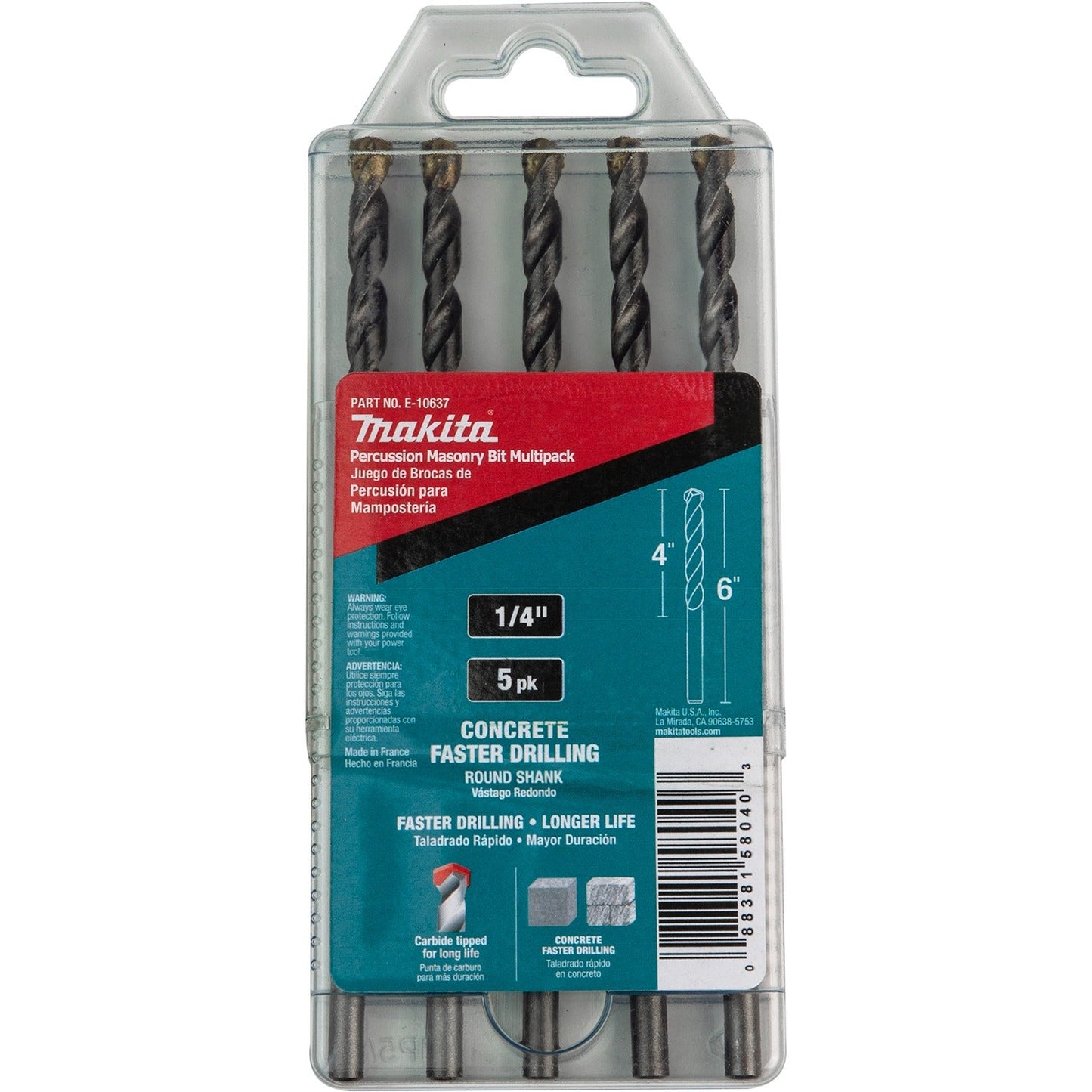 Makita E-10637 1/4" x 6" Carbide Tipped Percussion Masonry Hammer Drill Bits, 5/pk