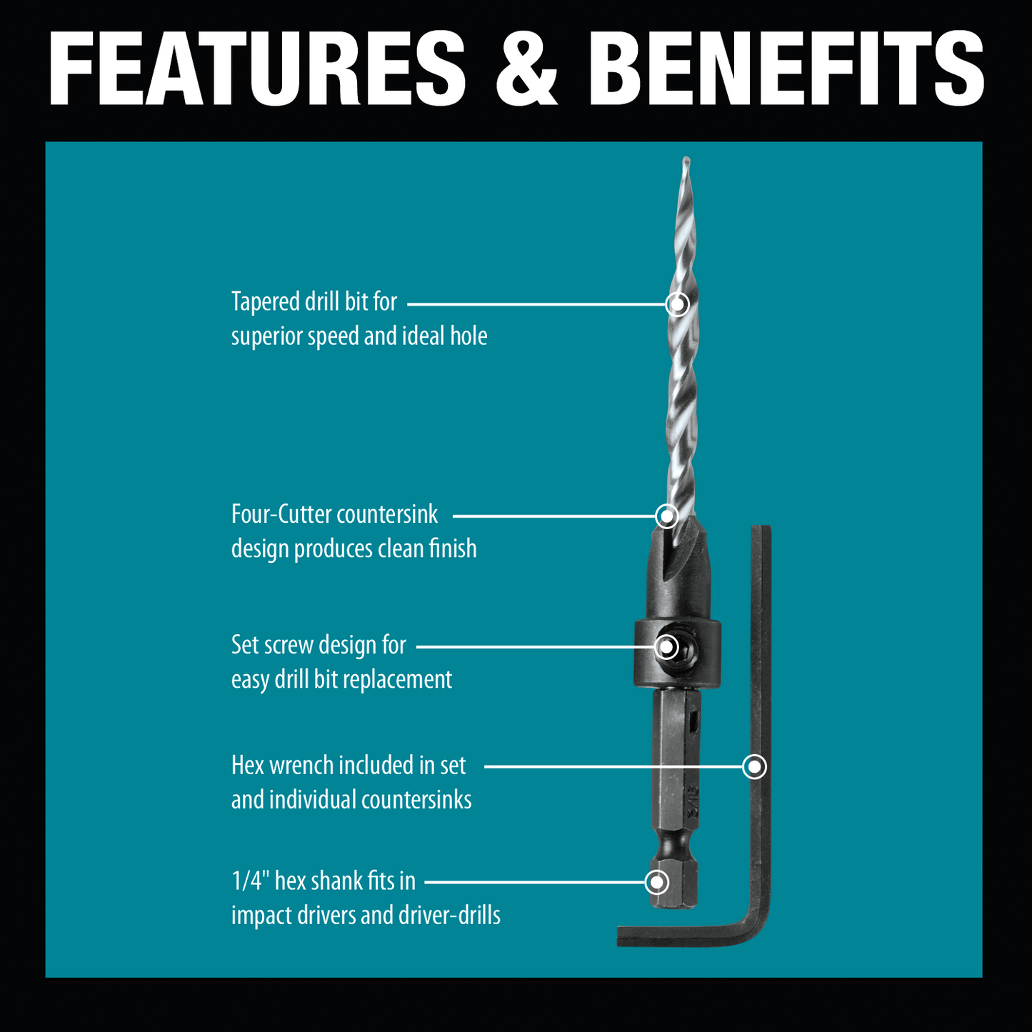 Makita A-99661 3 Pc. Countersink with Drill Bit Set with Hex Wrench