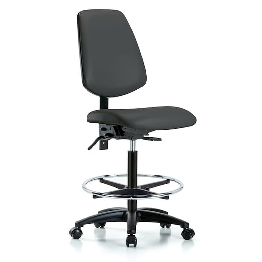 Blue Ridge Ergonomics VHBCH-MB-RG-T0-A0-CF-RC-8605 Rutledge Vinyl Chair - High Bench Height with Medium Back, Chrome Foot Ring, & Casters in Charcoal Trailblazer™ Vinyl
