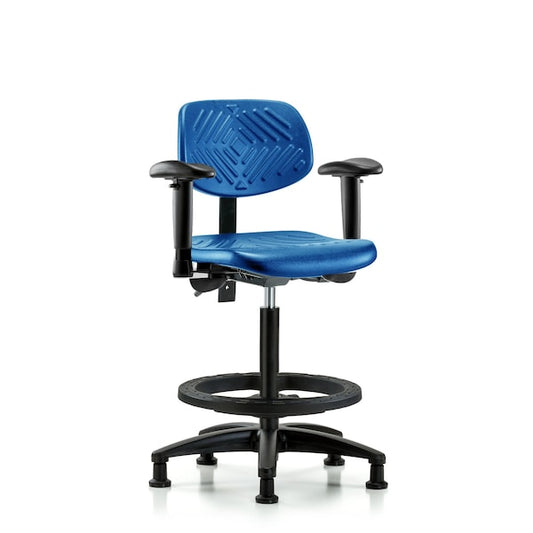 Blue Ridge Ergonomics PHBCH-RG-T0-A1-BF-RG-BLU Polyurethane Chair - High Bench Height with Adjustable Arms, Black Foot Ring, & Stationary Glides in Blue Polyurethane