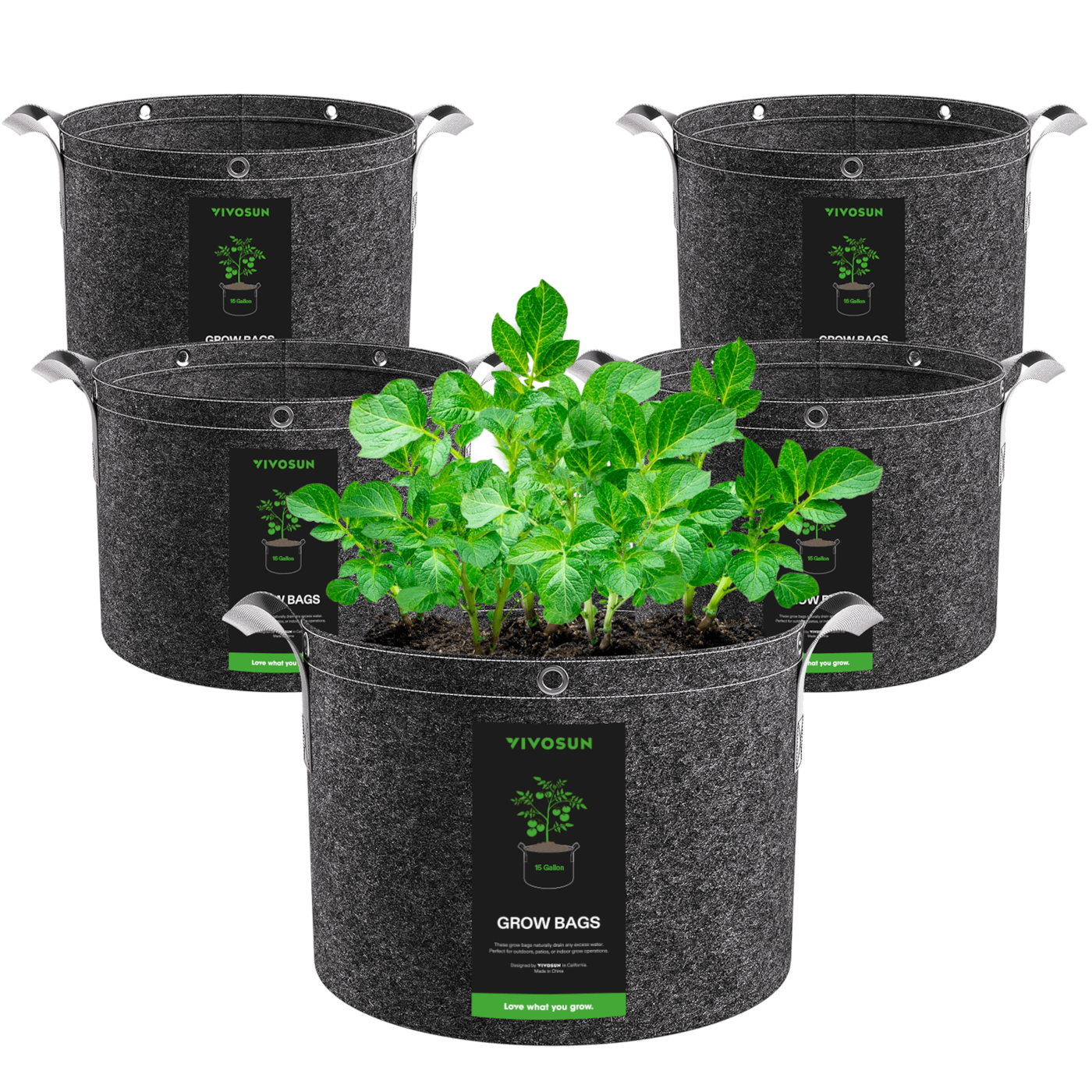 Vivosun 15 Gallon Grow Bags 5-Pack Black Thickened Nonwoven Fabric Pots with Handles, Multi-Purpose Rings
