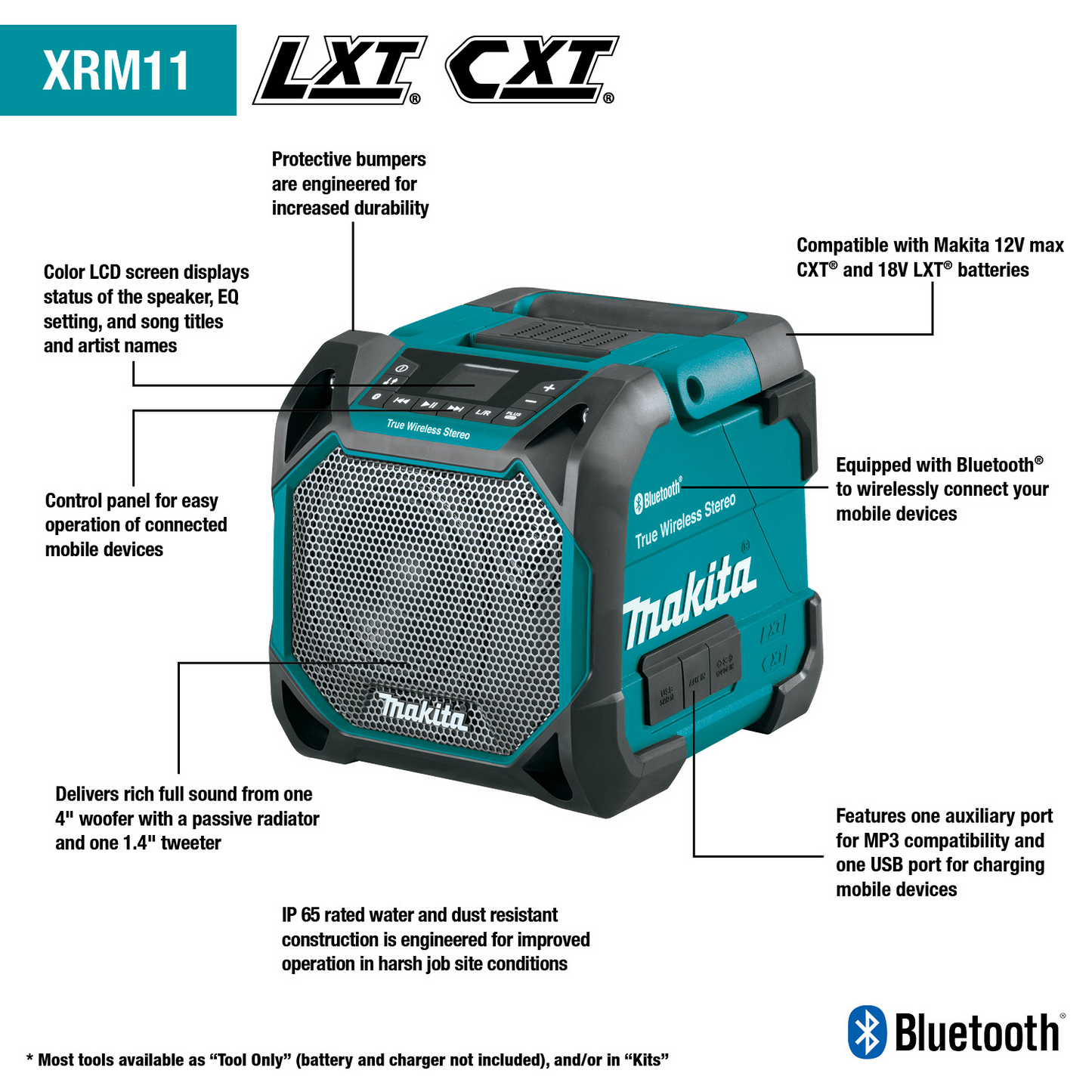 Makita XRM11 18V LXT® / 12V max CXT® Lithium‘Ion Cordless/Corded Bluetooth® Job Site Speaker, Tool Only