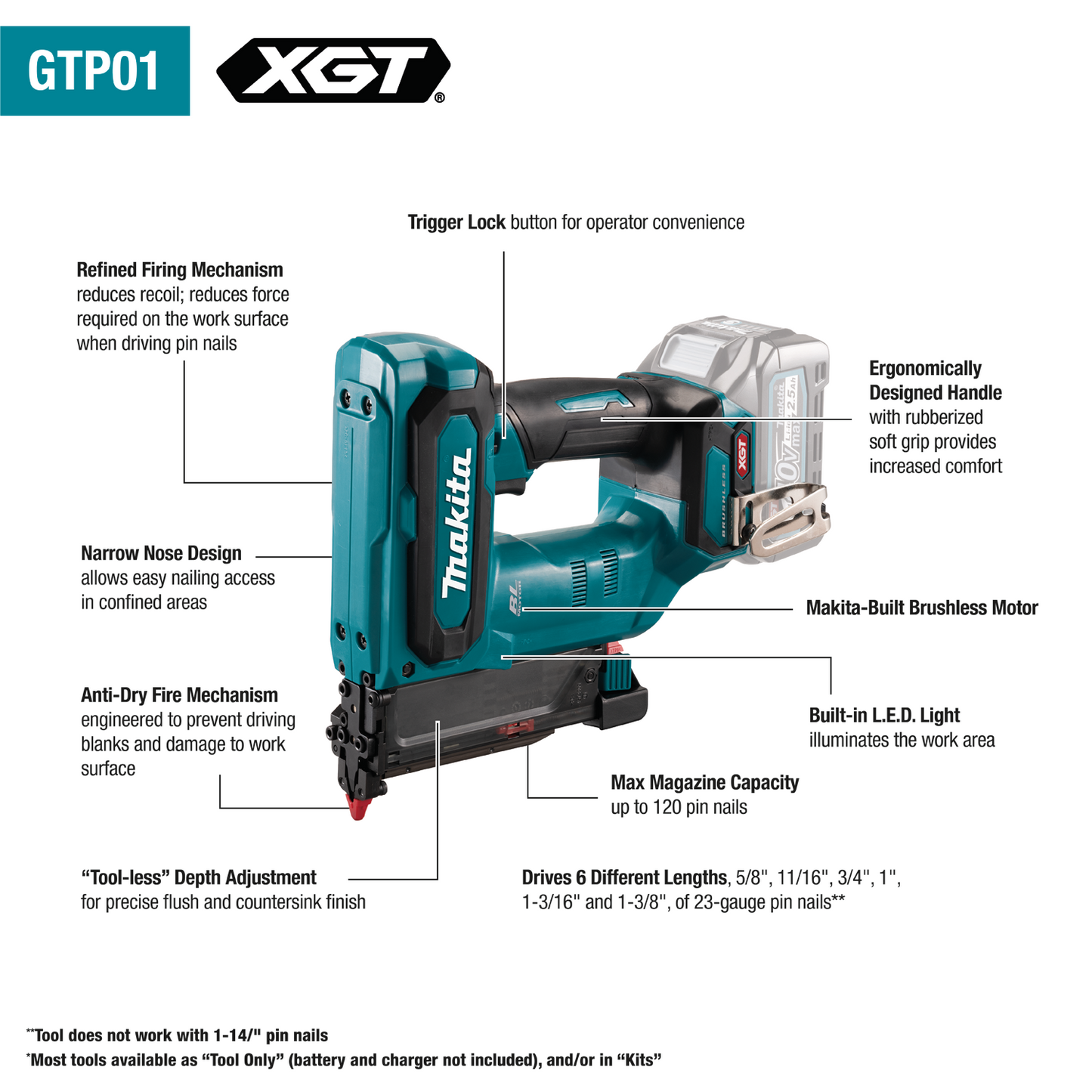 Makita GTP01Z 40V max XGT® Brushless Cordless Pin Nailer, 23 Ga., Tool Only