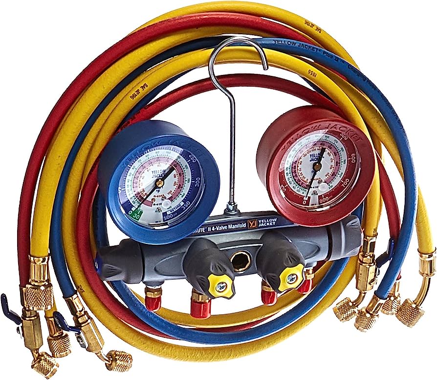 Yellow Jacket 46013 With 60" PLUS II compact ball valve RYB and 3/8" x 45Â°, R/B gauges, psi, R22/404A/410A, Â°F