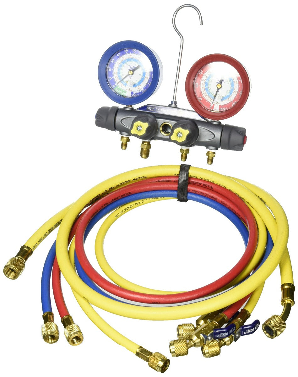 Yellow Jacket 46043 With 60" PLUS II compact ball valve RYB and 3/8" x 45Â°, R/B gauges, psi, R22/134a/404A, Â°F