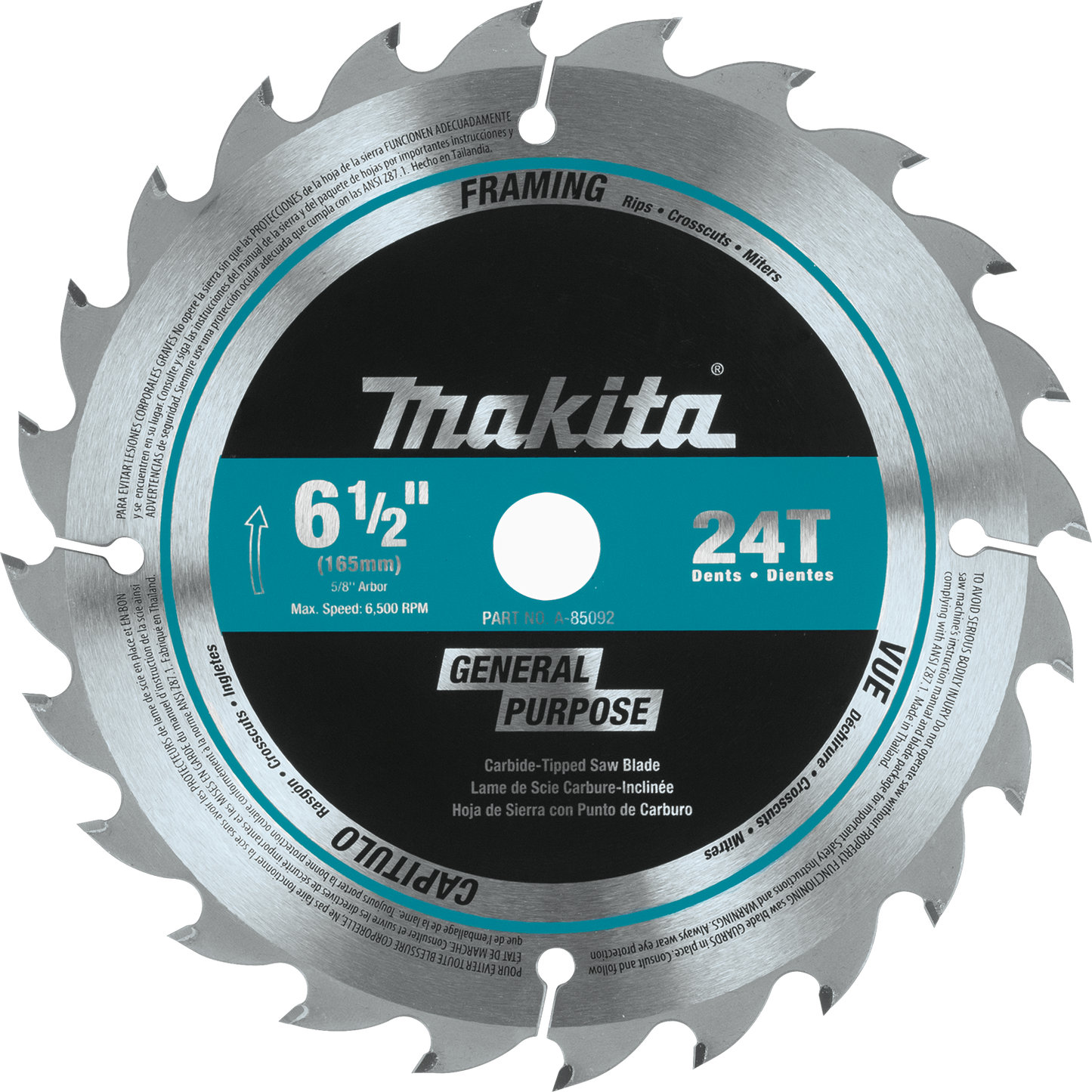 Makita A-85092 6‘1/2" 24T Carbide‘Tipped Circular Saw Blade, General Purpose